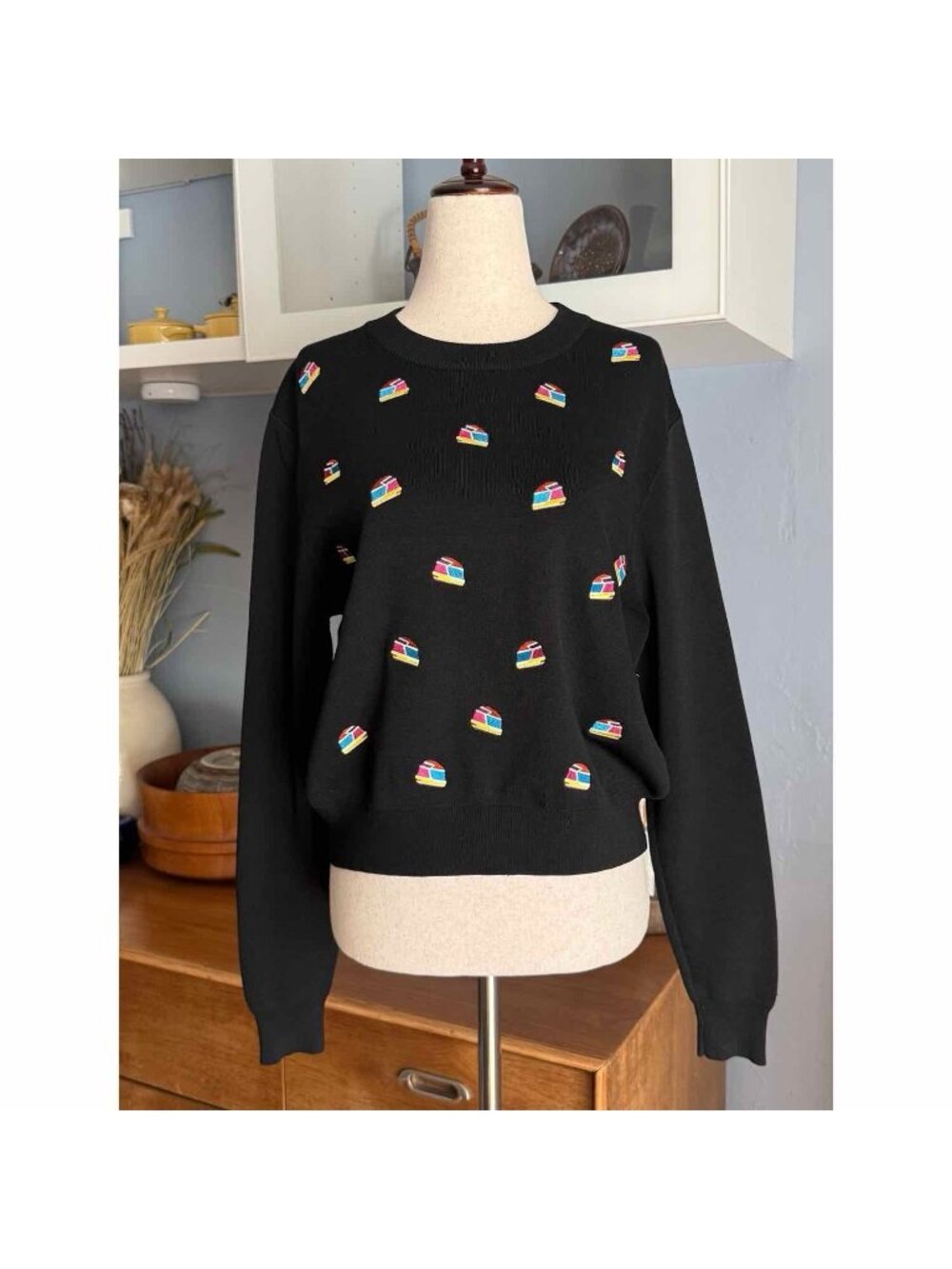Bimba Y Lola Black Embroidered Geometric Sweater Size L